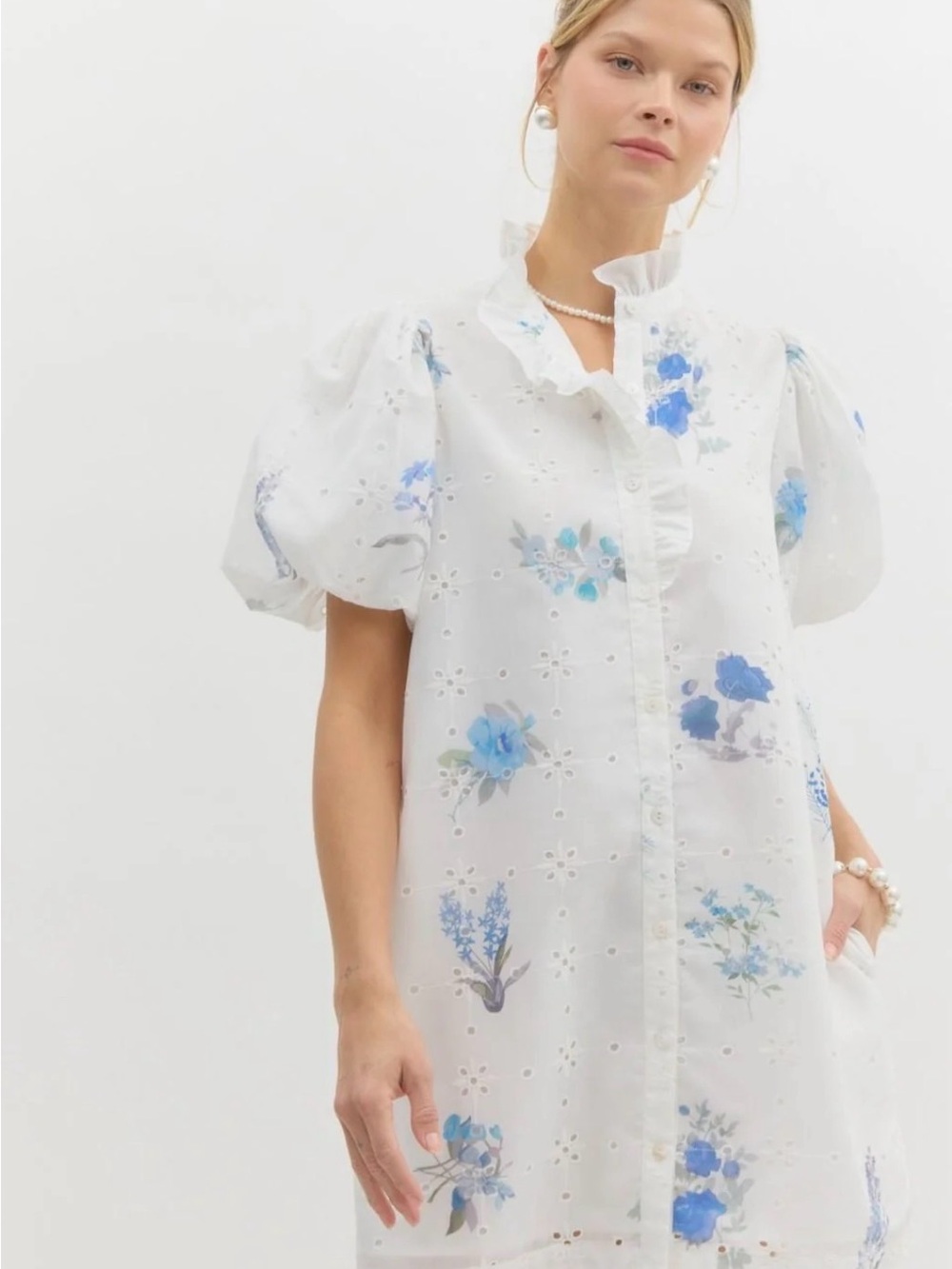 entro White Floral Eyelet Puff-Sleeve Shirt Dress Size S
